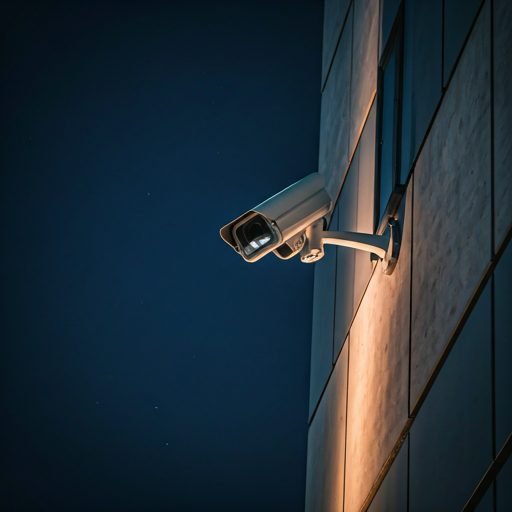 Cámara de seguridad moderna vigilando el exterior de un edificio de noche