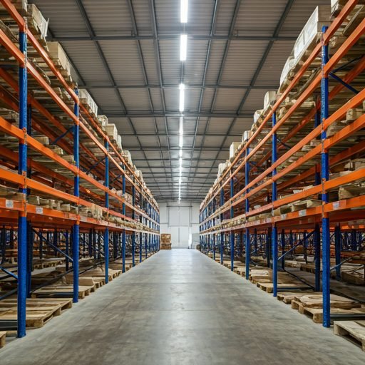 Interior de una bodega amplia con techos altos y estanterías