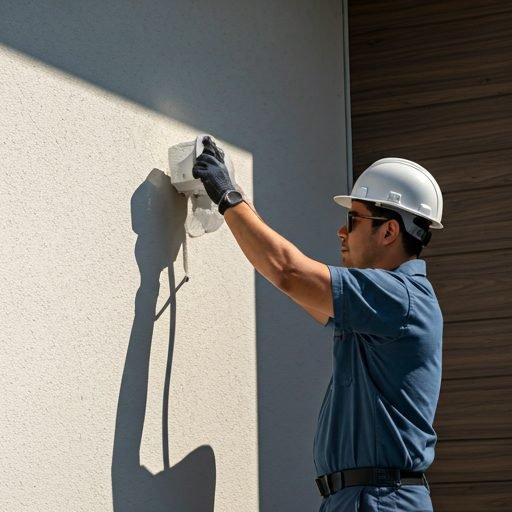 Técnico profesional instalando una cámara de seguridad en una pared exterior